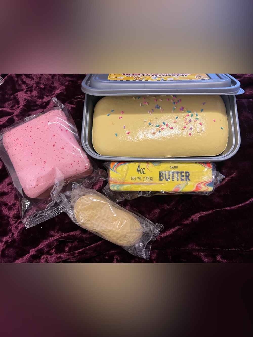 4 Pc Baking Lot Banana Cake Squishy w/ Rainbow Butter /Pop Tart /Peanut